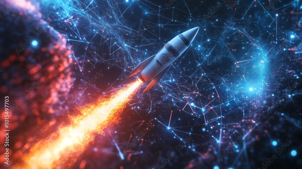 Poster a rocket propels into space, leaving a brilliant trail of fiery orange and red against a backdrop of