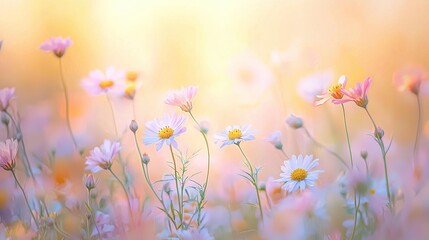   A pink-white daisy field with a blurry photo in the foreground and a yellow sky in the background