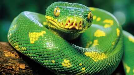 A close-up of a green tree python coiled around a branch, its scales glistening in the sunlight, eyes focused and alert.