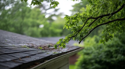 A large, twisted tree limb leans dangerously over a residential roof, surrounded by dense green foliage, underscoring the importance of tree maintenance for safety