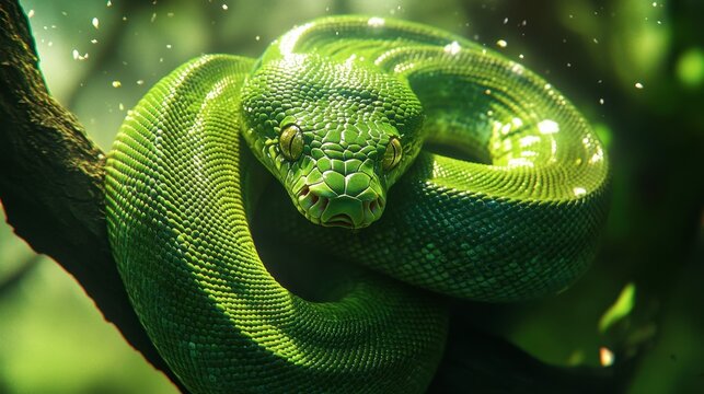 A close-up of a green tree python coiled around a branch, its scales glistening in the sunlight, eyes focused and alert.