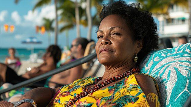 elderly older grandmother is traveling in the tropical resort , drinking at the poolside bar