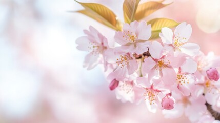 Fototapeta premium A close-up of cherry blossoms in spring, with delicate pink petals and soft green leaves, set against a clear sky.