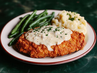 Chicken Fried Steak in white gravy with mashed potatoes and green beans on a white plate with a red border