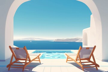 Serene beach scene with two lounge chairs. White and brown chairs face ocean. Calm sea with boat. Blue sky with clouds. Soft natural light creates tranquil atmosphere.