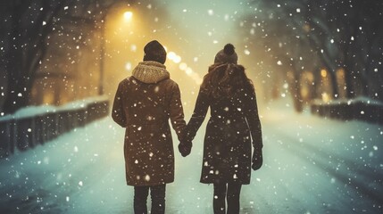 A couple walking hand in hand through a snowfall, bundled in warm coats and scarves, with snowflakes gently falling around them.