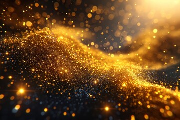Obraz premium An enchanting display of shimmering golden particles dances through a dark backdrop, evoking a dreamlike ambiance reminiscent of distant galaxies during twilight.