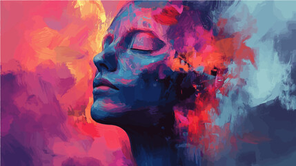 Vivid abstract 2D illustration of a woman's face, ultra-colorful yet serene. Ideal for digital art, modern design, or creative projects.