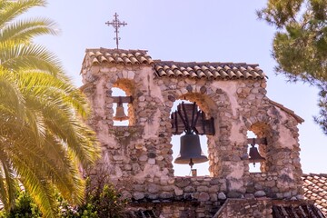 Obraz premium Mission San Miguel Arcángel bell tower, San Miguel, California, USA. One of the series of 21 Spanish religious outposts in Alta California founded by Father Junípero Serra
