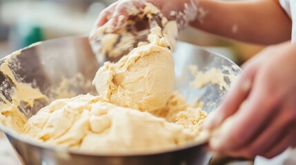Fototapeta premium Above mixing cake dough in a vibrant kitchen setting showcasing culinary creativity baking process and delicious dessert preparation for joyful celebrations