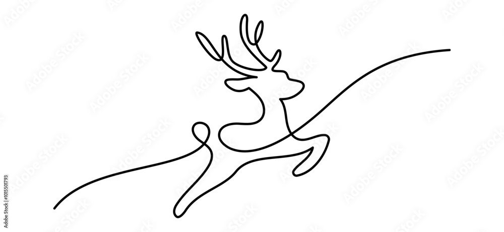 Poster One continuous line drawing of christmas reindeer. Wild animal deer with antlers is dynamic silhouette in simple linear style. Elegance logo editable stroke. Doodle vector illustration