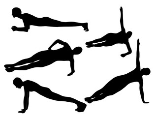 Silhouette person. Side Plank silhouettes. Fit workout plank people. home workout silhouettes. Set of plank side Silhouette illustration. 