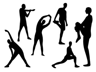 Silhouette stretching person. Fit sport before workout. Dynamic stretch Warming up muscle. Set of warm up position Silhouette illustration 
