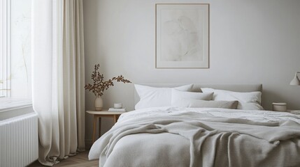 A white bed with a gray throw blanket is made in a minimalist bedroom. Sheer white curtains hang on a window next to a bedside table with a vase of dried branches
