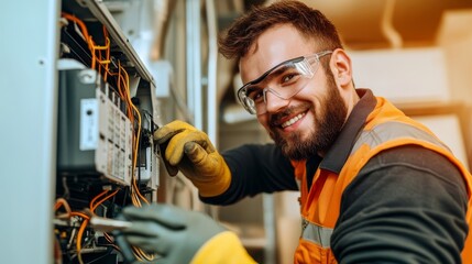 A technician wearing safety glasses and gloves smiles while working on an air conditioning control unit. The background features blurred HVAC tools, indicating a maintenance-focused environment