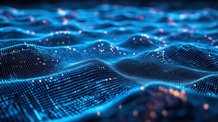 A futuristic grid of glowing blue lines, with a digital wave flowing across, representing data and connectivity.