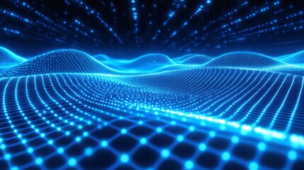 A futuristic grid of glowing blue lines, with a digital wave flowing across, representing data and connectivity.