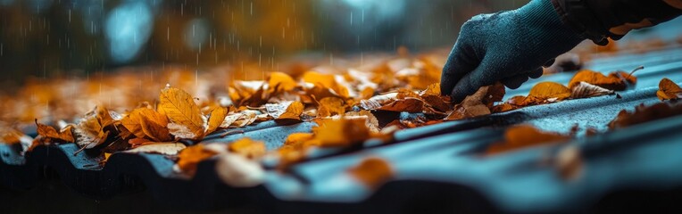 Autumn roof maintenance: hand clearing leaves from gutter in fall