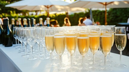 Elegant Welcome Drink Station with Disposable Champagne Cups Under White Umbrella for Business Events and Weddings Catering and Celebration Atmosphere