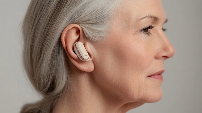 Closeup of senior woman with hearing aid highlighting modern hearing technology for improved communication and accessibility in health care for the elderly