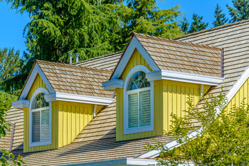 A perfect neighborhood. Houses in suburb at Fall in the north America. Top of a luxury house with...