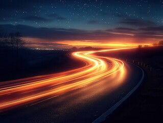 Obraz premium long exposure photograph of a bustling highway at night, with streaks of light from passing vehicles creating a mesmerizing flow of movement against a dark backdrop, capturing the energy of urban life