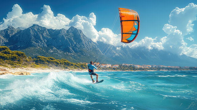 THE MAN IS KITE SURFING IN THE OCEAN IN HAWAII island 