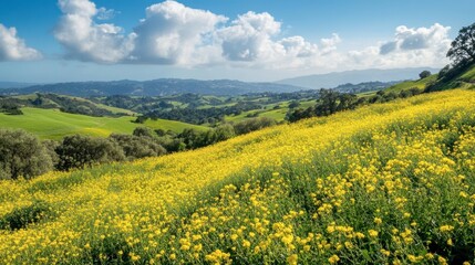 A hillside covered in blooming mustard flowers, with bright yellow petals creating a vibrant contrast against the green landscape.