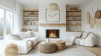 This living area features a plush white sofa, a wooden coffee table, and a sleek fireplace surrounded by minimal decor. Shelving displays carefully arranged ceramics, creating a cozy atmosphere.