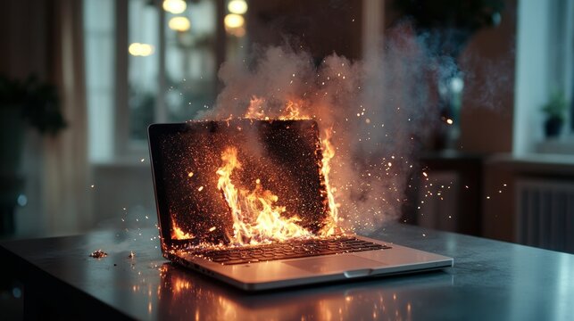 Close-up of a flaming laptop on a table showcasing a battery explosion and sparks due to a short circuit highlighting safety hazards in technology use