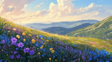 Obraz premium A hillside covered in wildflowers, with vivid blues, purples, and yellows spreading across the landscape under the sun.
