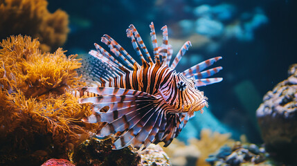 A stunning lionfish resting on a rocky reef