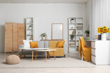 Interior on room with modern workplace and sunflowers in vase