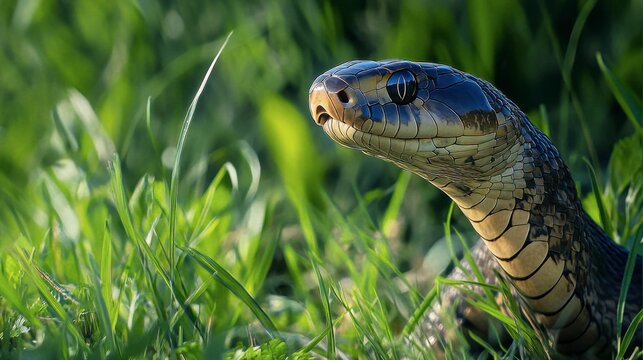 A king cobra slithering through tall grass, its head elevated as it scans the surroundings in a hunting posture.