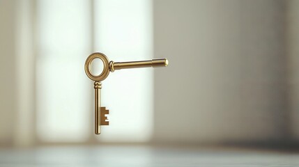   A golden key rests on a table near a window