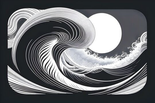 hand drawn monochrome illustration,  stylized ocean waves, surrounded by sun rays, black and white,  sketch, engraving, Scratch board, sea, line, art, texture, pattern, motion, flow, intricate, swirl