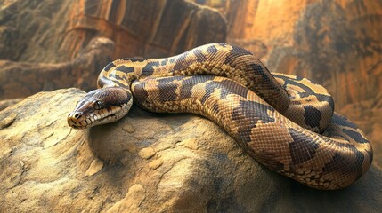 Fototapeta premium A large python basking on a rock in the sun, its long body stretching out with intricate scale patterns visible in detail.