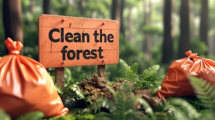 An image featuring a wooden sign that reads Clean the forest, placed in a lush forest environment. Two orange trash bags sit next to the sign, conveying an environmental message of conservation and