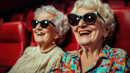 Obraz premium two older senior lady in their 70's are enjoying the theatre performance 