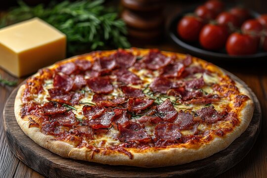 pizza on a wooden background slices of cheese and mea