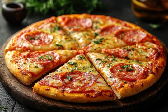 pizza on a wooden background slices of cheese and mea