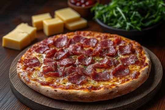 pizza on a wooden background slices of cheese and mea