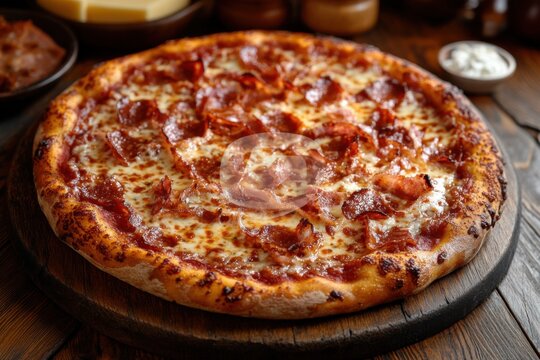 pizza on a wooden background slices of cheese and mea