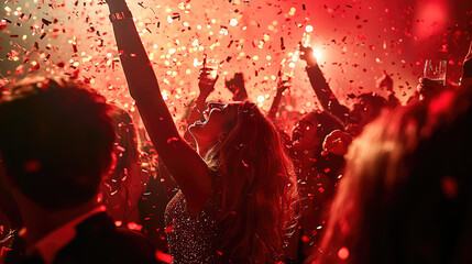 happy new year moment girls  count down event in the party confetti coming down from the air 