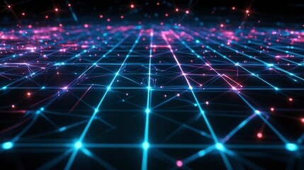 A network of glowing lines in neon colors, forming a digital grid pattern against a black background, evoking technology themes.