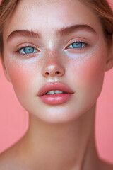 thoughtful blonde hair blue eyes  beautiful woman wearing natural look make up  , sitting in front of plain pink  color background 