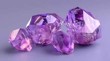 Fototapeta premium A high-resolution close-up of four purple amethyst crystals with intricate facets. The lighting accentuates their natural texture, creating a calming and elegant mood. Perfect for themes of geology