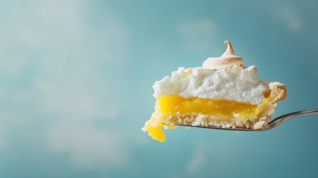 Slice of lemon meringue pie on fork against blue sky, vibrant dessert photography, summer treat concept
