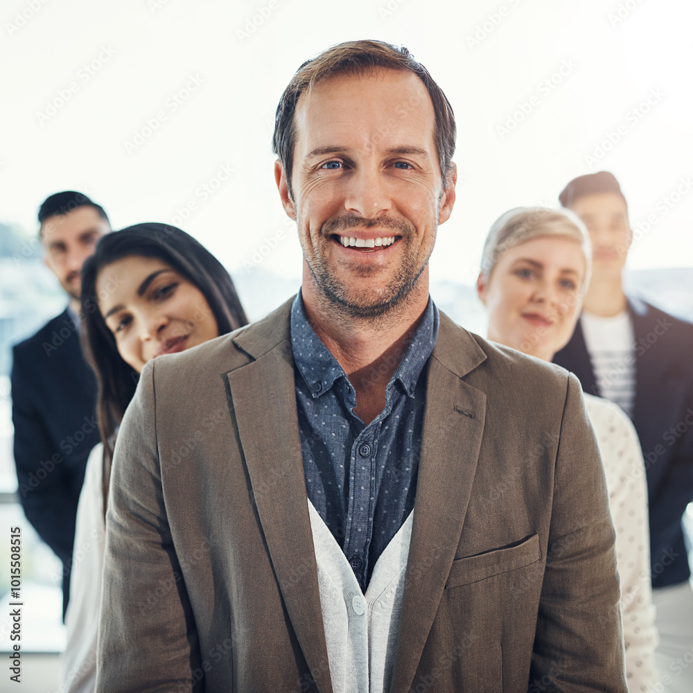 Aufkleber smile, technology and portrait of business people in office with manager for project advice or feedb