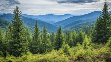 Fototapeta premium Majestic Douglas Fir and Diverse Coniferous Forest Stands in Scenic Coeur d'Alene Mountains: A Natural Haven for Biodiversity and Conservation